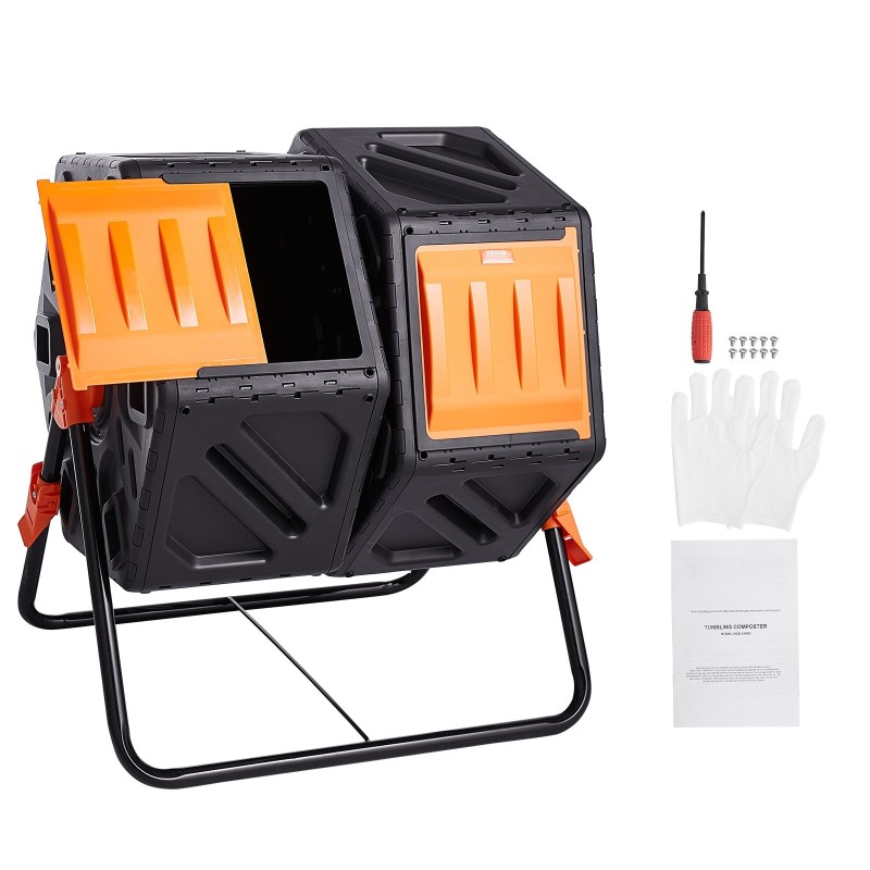 Pyörivä kaksikammioinen 140 litran kompostori teräsrunko BPA-vapaa PP-muovi puutarhaan ja keittiöjätteille