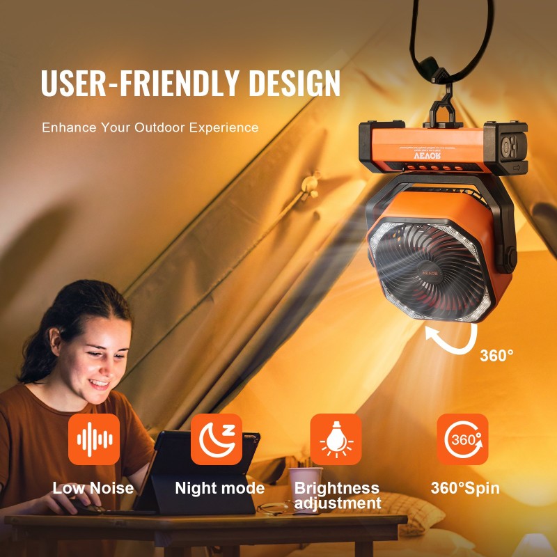 Ladattava pöytätuuletin ABS-muovia suurella akulla LED-lyhdyllä neljällä nopeudella automaattikääntö