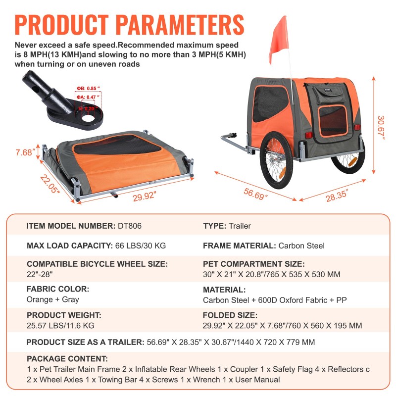 Polkupyörän lemmikkiperäkärry taittuva hiiliteräsrunko kolmenkymmenen kilon kantavuus pikalukitteiset pyörät yleismallinen