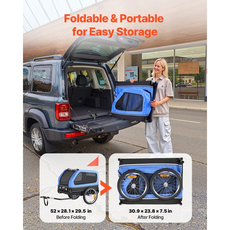 Koirien pyöräkärry taitettava hiiliteräsrunko 40 kg kantavuus turvatalutin 16-tuumaiset pyörät