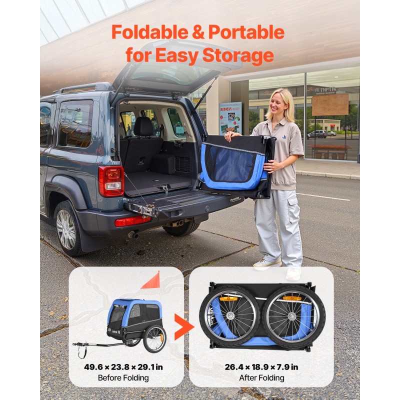 Koiran pyöräkärry hiiliteräsrunko 600D kangas 16-tuumaiset ilmakumirenkaat kantavuus 30 kg