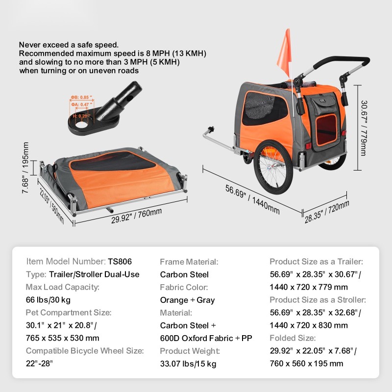 Polkupyöräkärry koiralle kaksikäyttöinen hiiliteräsrunko 30 kg oranssi harmaa