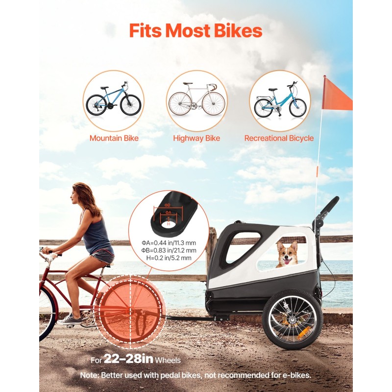 Koirapyöräkärry kaksikäyttöinen teräsrunko 45 kg kantavuus 16-tuumaiset ilmatäytteiset pyörät yleismallisella pyöräkiinnikkeellä