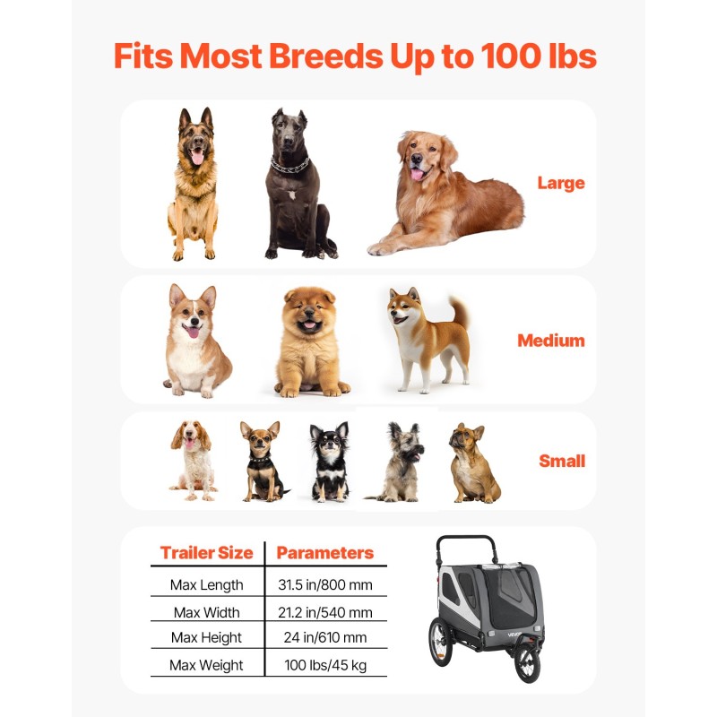 Koirapyöräkärry kaksikäyttöinen teräsrunko 45 kg kantavuus 16-tuumaiset ilmatäytteiset pyörät yleismallisella pyöräkiinnikkeellä