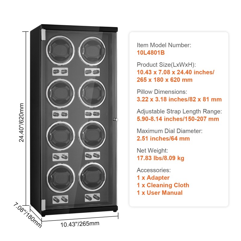 Kellonpyörittäjä 8 automaattikelloa 8 Mabuchi-moottoria sininen LED akryylirunko musta PU-sisusta