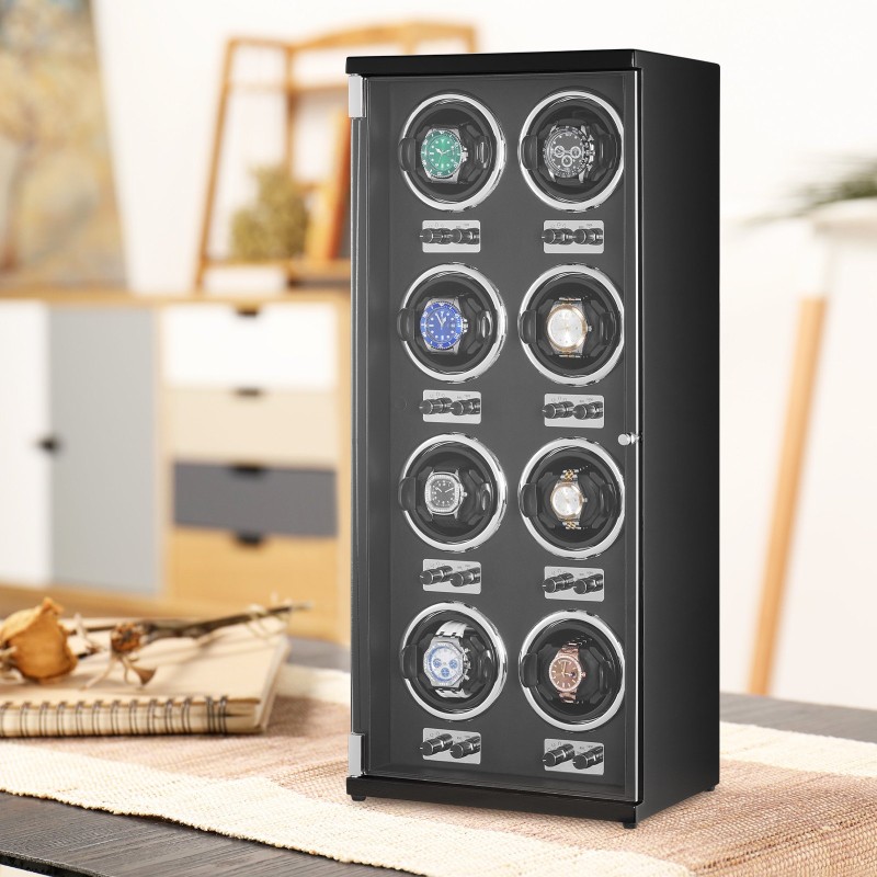 Kellonpyörittäjä 8 automaattikelloa 8 Mabuchi-moottoria sininen LED akryylirunko musta PU-sisusta