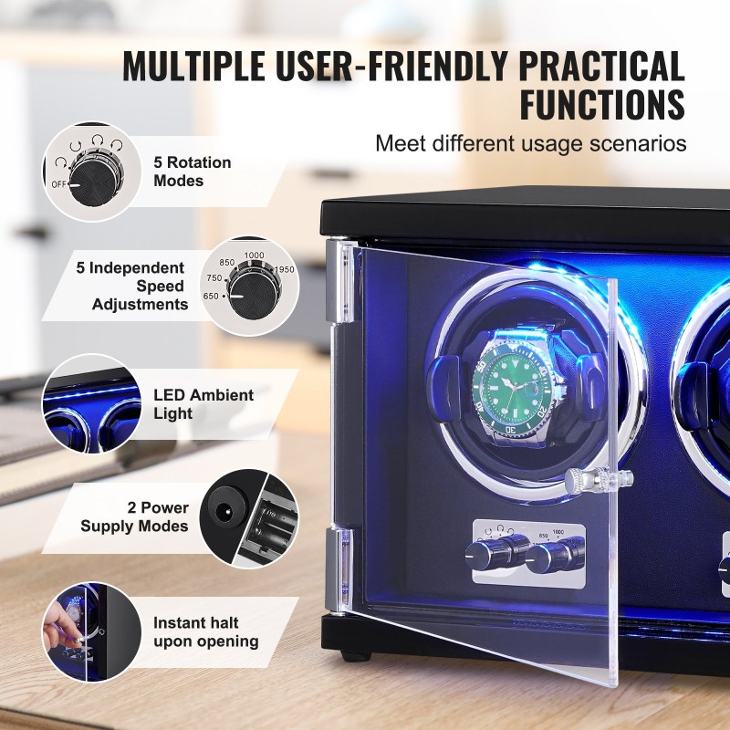 Kellonpyörittäjä kahdelle automaattikellolle kahdella japanilaisella moottorilla sininen ledi polyuretaaninen sisustus