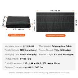 Rikkaruohokangas kudottu polypropeeni 1,2 x 15,2 m 108 g/m² musta