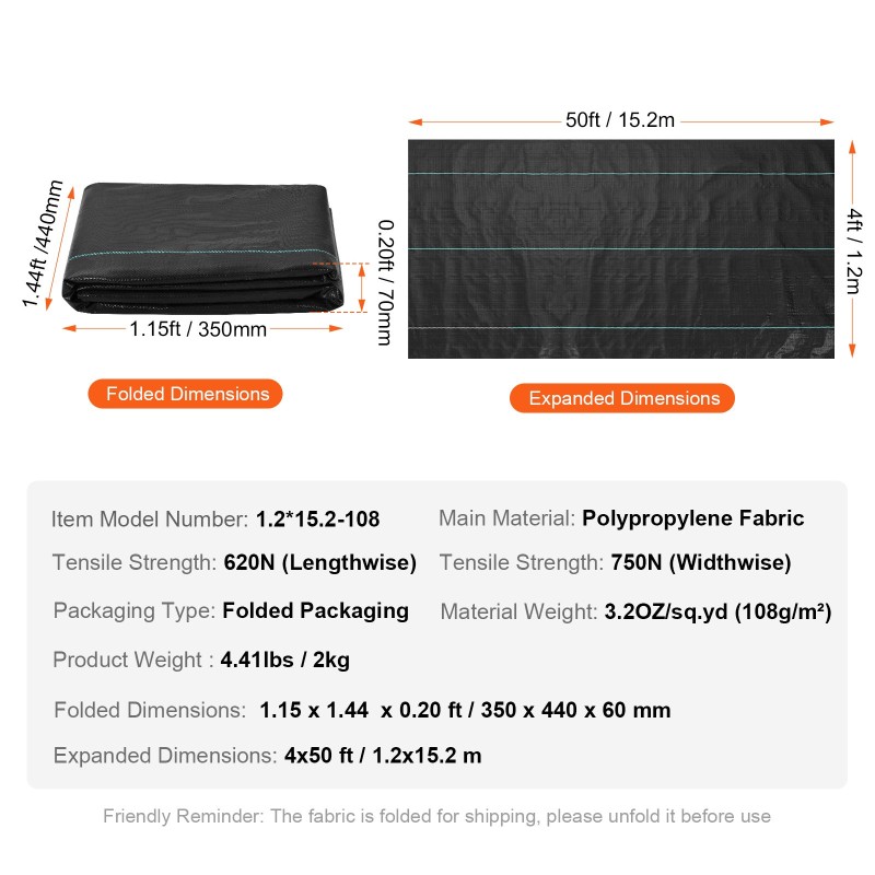 Rikkaruohokangas kudottu polypropeeni 1,2 x 15,2 m 108 g/m² musta