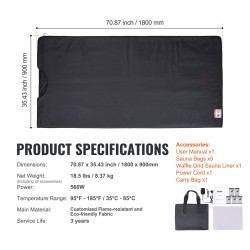 Kaukoinfrapunasaunapeitto koko keholle 1800 x 800 mm puuvillavuori ajastin 1 60 minuuttia 35 85 C