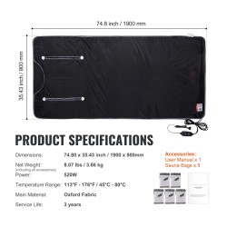 Saunapeitto Oxford kankaasta 190 x 89 cm puuvillavuori käsiaukot säädettävä lämpötila