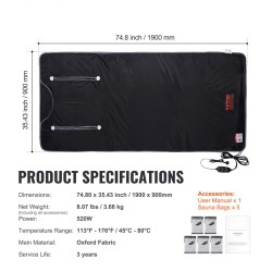 Saunapeitto Oxford-kankaasta 190 x 89 cm puuvillavuori käsiaukot säädettävä lämpötila