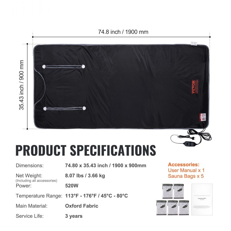 Saunapeitto Oxford-kankaasta 190 x 89 cm puuvillavuori käsiaukot säädettävä lämpötila