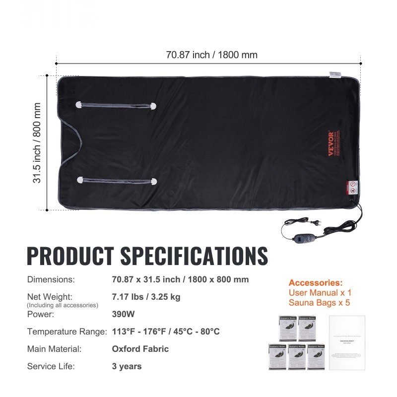 Infrapunasaunapeitto Oxford-kangas 180 x 80 cm kahdella käsiaukolla kevyt