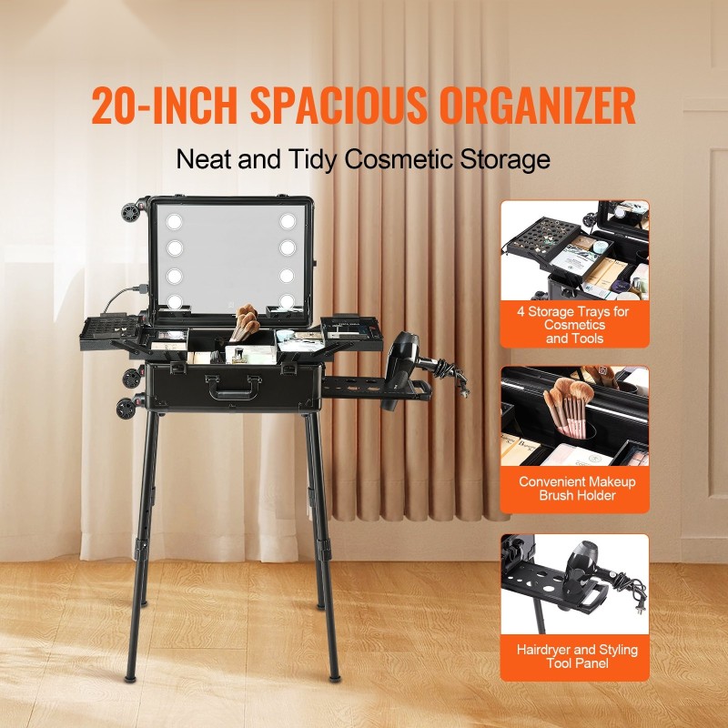 Meikkilaukku korkealujuuksinen muovikuori alumiinirunko neljä säilytyslokeroa sivellinkotelo valaistu peili kääntyvät pyörät