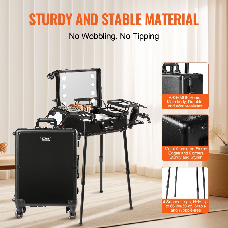 Meikkilaukku korkealujuuksinen muovikuori alumiinirunko neljä säilytyslokeroa sivellinkotelo valaistu peili kääntyvät pyörät