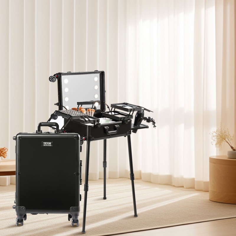 Meikkilaukku korkealujuuksinen muovikuori alumiinirunko neljä säilytyslokeroa sivellinkotelo valaistu peili kääntyvät pyörät