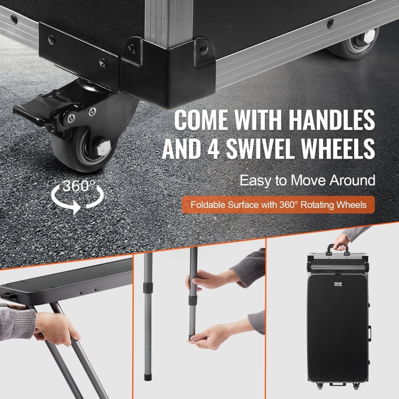 Meikkilaukku alumiinirungolla ja kovakuorella suuri säilytystila työtaso tukijaloilla kääntyvät pyörät