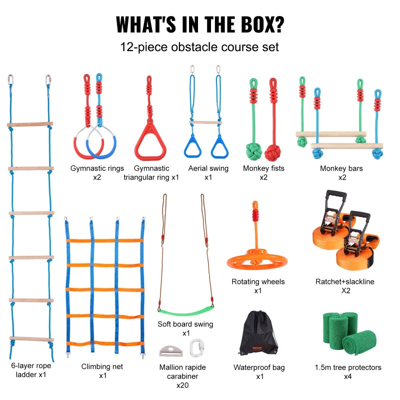 Ninja-esterata ulkokäyttöön 2 x 19,8 m säänkestävät hihnat 12 estettä 226,8 kg