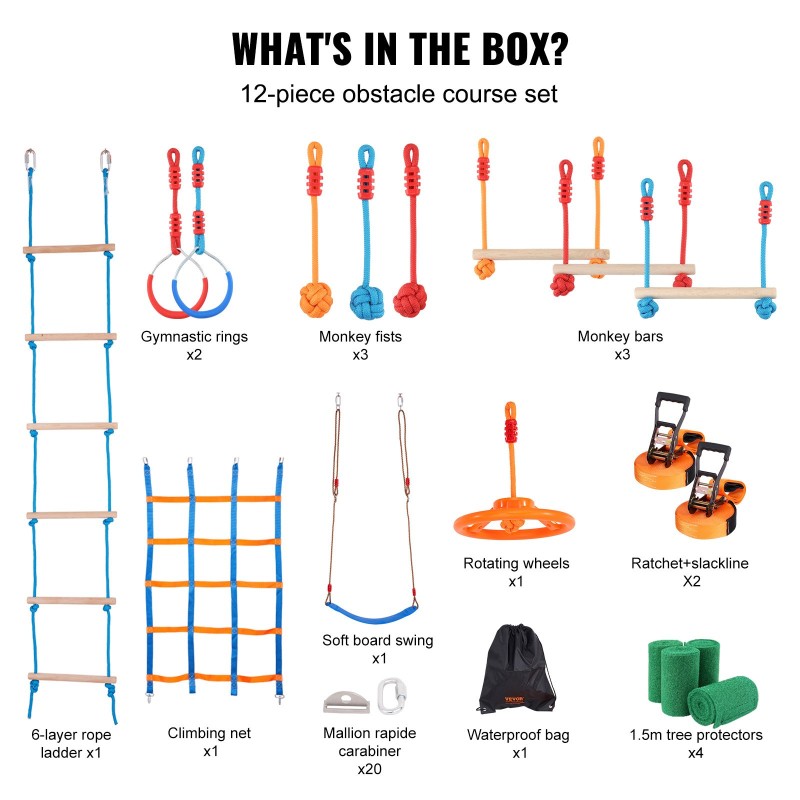 Ninja-rata ulkokäyttöön 2 kpl 17 m säänkestävät hihnat 12 estettä