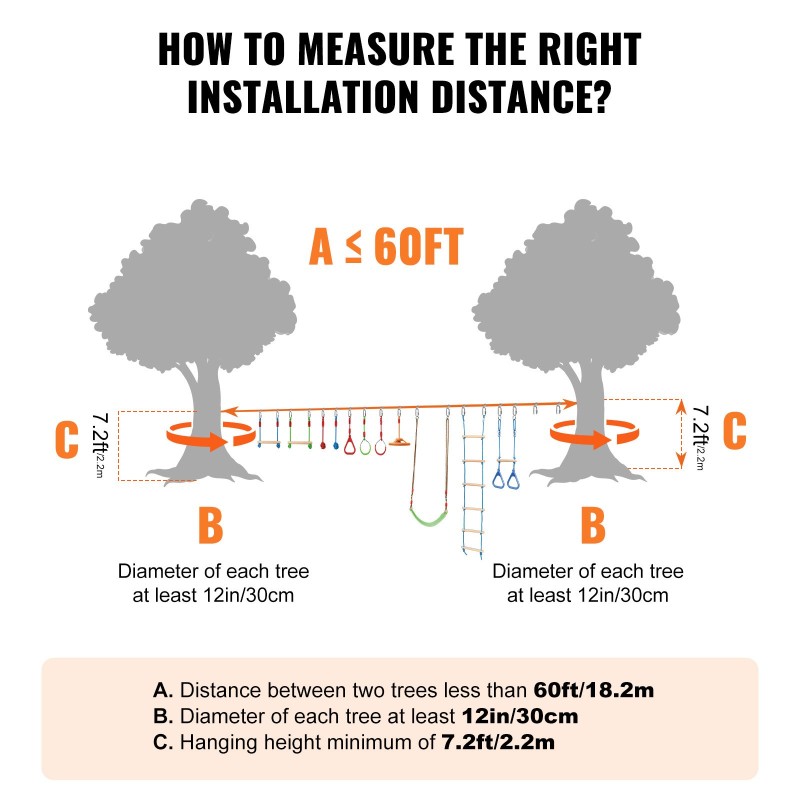 Ninjarata lapsille, 2 x 18,3 m säänkestäviä slackline-hihnoja, 14 estettä