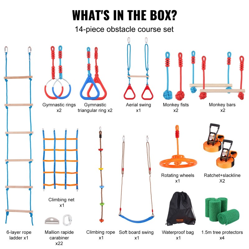 Ninjarata lapsille, 2 x 18,3 m säänkestäviä slackline-hihnoja, 14 estettä