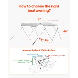 Bimini-kuomu veneeseen kolmikaareinen 600D polyesterikangas alumiinirunko 2 tukitankoa 4 kiinnitysremmiä vaaleanharmaa