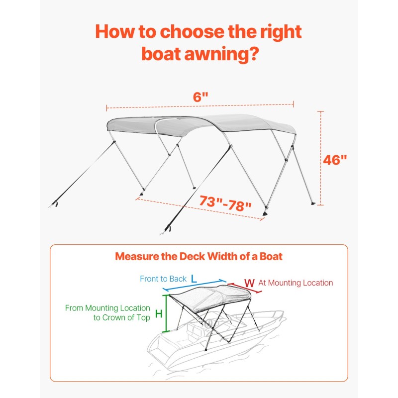 Bimini-kuomu veneeseen kolmikaareinen 600D polyesterikangas alumiinirunko 2 tukitankoa 4 kiinnitysremmiä vaaleanharmaa