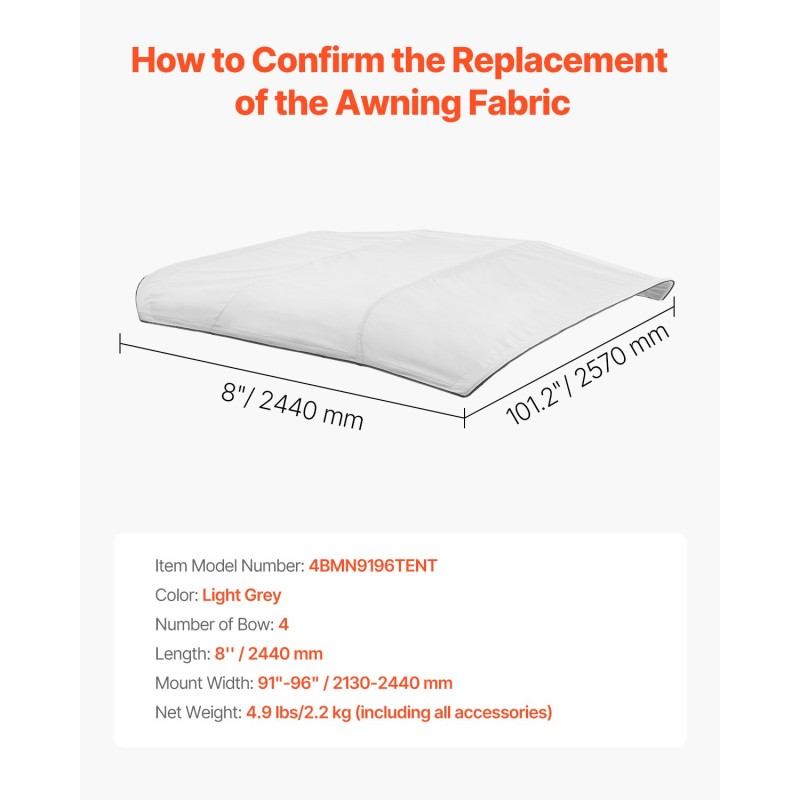 Veneen vaihtokatos 4-kaarisille kehyksille 600D polyesteri vedenpitävä 96 x 91–96 tuumaa vaaleanharmaa