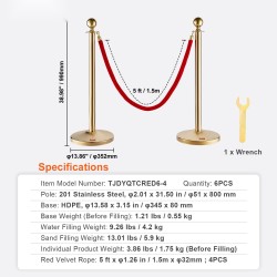 Jononohjaustolpat ruostumattomasta teräksestä 6 tolppaa 4 punaista 1,5 m samettiköyttä täytettävillä jalustoilla