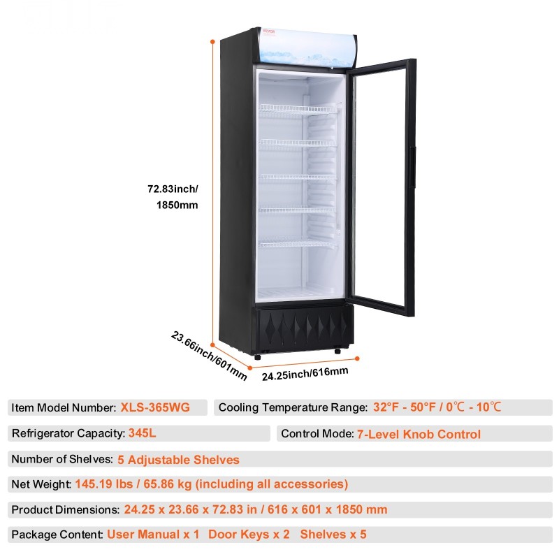 Kaupallinen juomajääkaappi 345 l lasiovella 5 säädettävää hyllyä