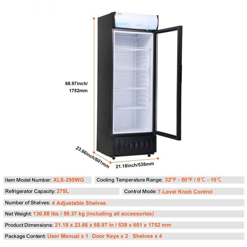 Kaupallinen juomajääkaappi 275 l lasiovella 4 säädettävää hyllyä LED valaistuksella