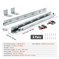 Laatikkokiskot hiiliterästä 533 mm 6 paria täyspitkät pehmeästi sulkeutuvat pohja ja sivukiinnitys