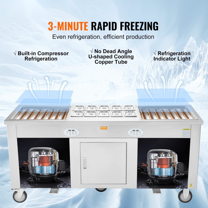 Paistettavan jäätelön rullakone 2 pannua 450x450 mm 304-ruostumatonta terästä kompressorilla ammattikäyttöön