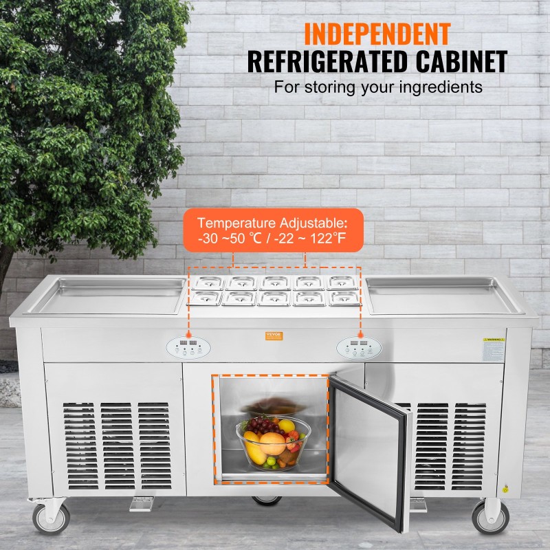 Paistettavan jäätelön rullakone 2 pannua 450x450 mm 304-ruostumatonta terästä kompressorilla ammattikäyttöön