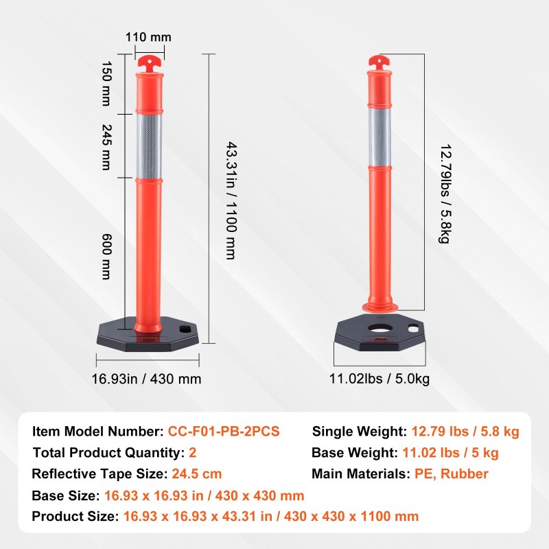 Liikenteen ohjaustolpat kumipohjalla 360 asteen heijastinnauhalla 430 x 430 mm 2 kpl