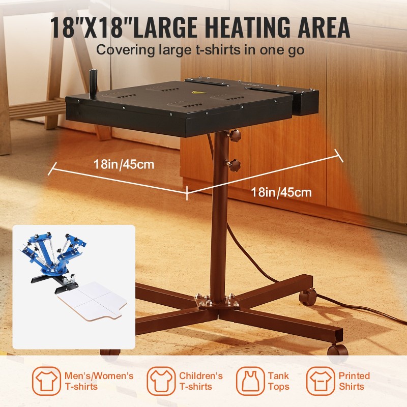 Pikakuivain seripainoon teräsrunkoinen 45 x 45 cm kuivausalue 2000–3000 W korkeussäädettävä jalusta