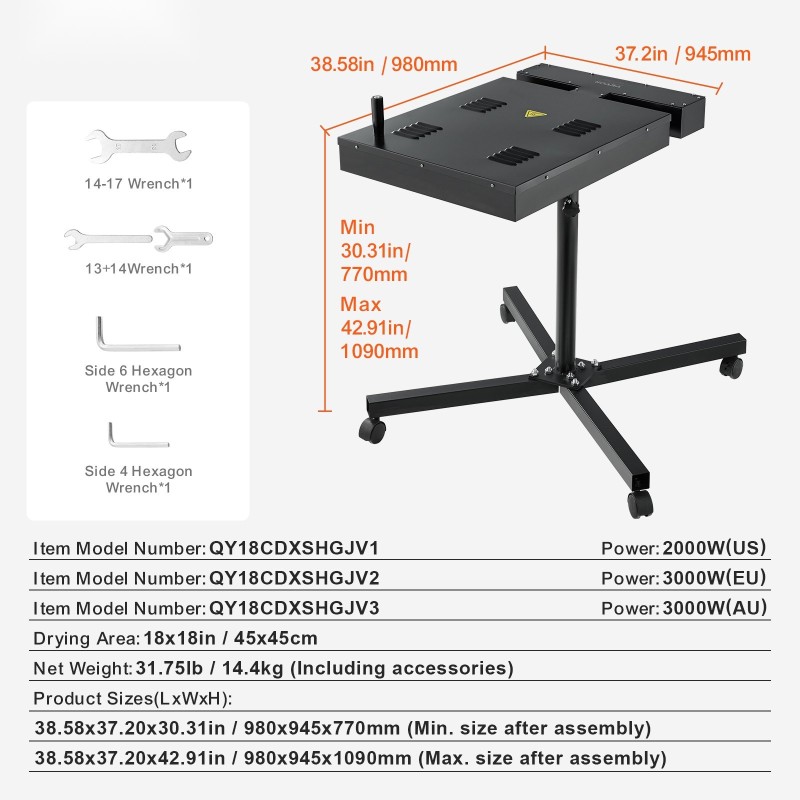 Pikakuivain seripainoon teräsrunkoinen 45 x 45 cm kuivausalue 2000–3000 W korkeussäädettävä jalusta