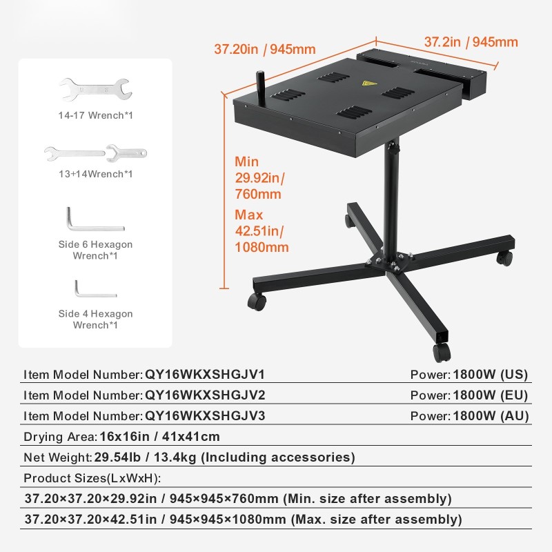 Kuivain seulapainatukseen 41 senttimetrin sivun kuivausalue säädettävä korkeus 1800 wattia