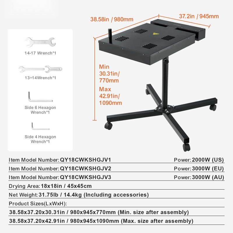 Flash-kuivain silkkipainoon 45 x 45 cm kuivausalalla 0–750℉ lämpötilansäädöllä korkeussäädettävällä jalustalla