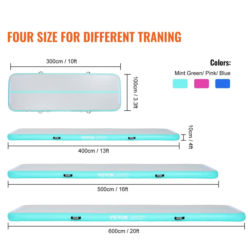 Ilmatäytteinen PVC-pressusta voimistelumatto 4 m 3980x1010x100 mm sisältää sähköpumpun