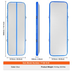 Ilmatäytteinen voimistelumatto PVC-materiaalista 3000x1010x100 mm sininen sähköpumpulla ja säilytyslaukulla