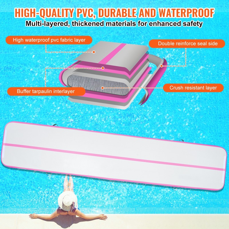 Ilmatäytteinen PVC-voimistelumatto 4980x1010x100 mm pinkki 600W pumppu sisä- ja ulkokäyttöön