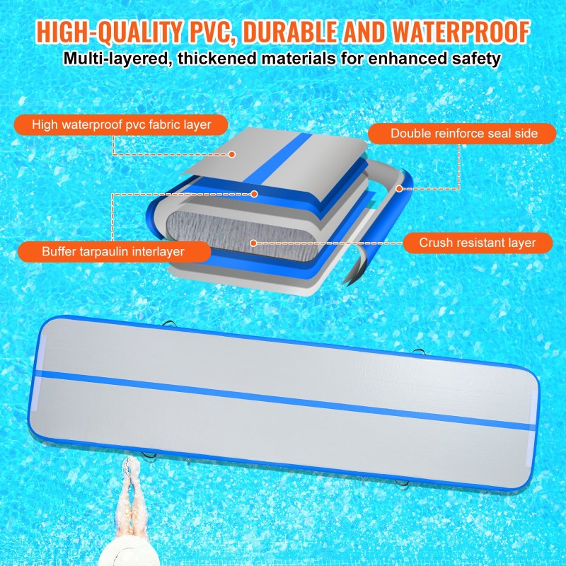 Ilmatäytteinen PVC-voimistelumatto 398x101x10 cm 4 tuumaa 600W pumppu sininen