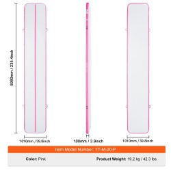 Ilmatäytteinen PVC-voimistelumatto kuusi metriä pitkä kymmenen senttiä paksu pinkki