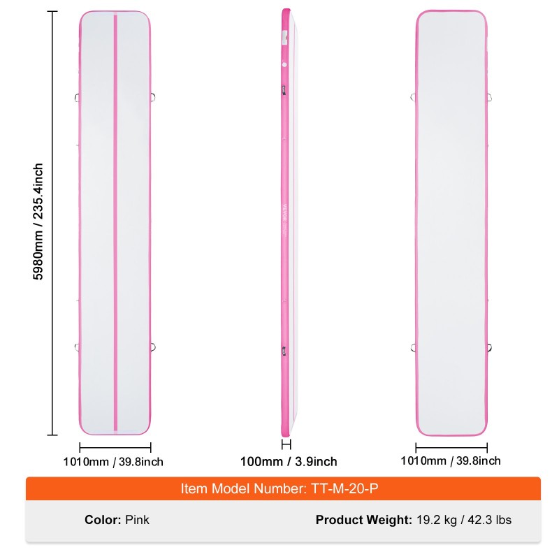 Ilmatäytteinen PVC-voimistelumatto kuusi metriä pitkä kymmenen senttiä paksu pinkki
