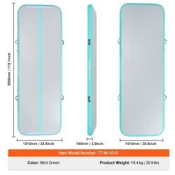 Ilmatäytteinen voimistelumatto PVC 100 mm paksu 3000x1010 mm mintunvihreä 600W pumppu mukana