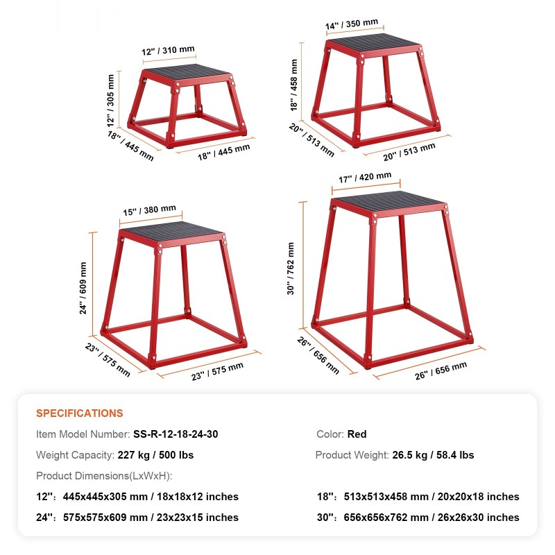 Plyoboxi teräksinen pinottava neljä kokoa 12 18 24 30 tuumaa 227 kg