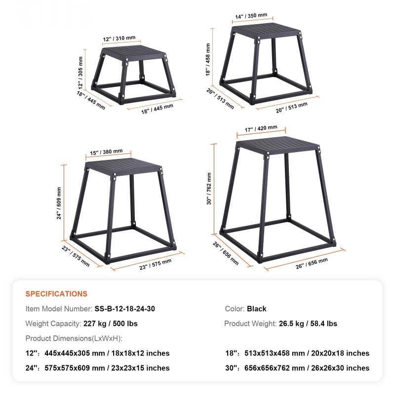 Plyometriset hyppylaatikot 12, 18, 24 ja 30 tuumaa musta liukumaton pinta