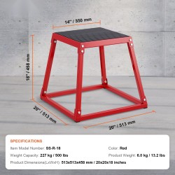 Plyometrinen hyppylaatikko teräksinen 18 tuuman korkeus 227 kilogramman kantavuus punainen